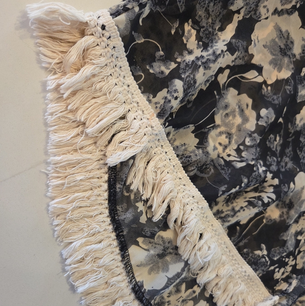 Semi Sheer Neutral Abstract Floral Fringe Kimono Throw Over Shawl - Picture 2 of 5